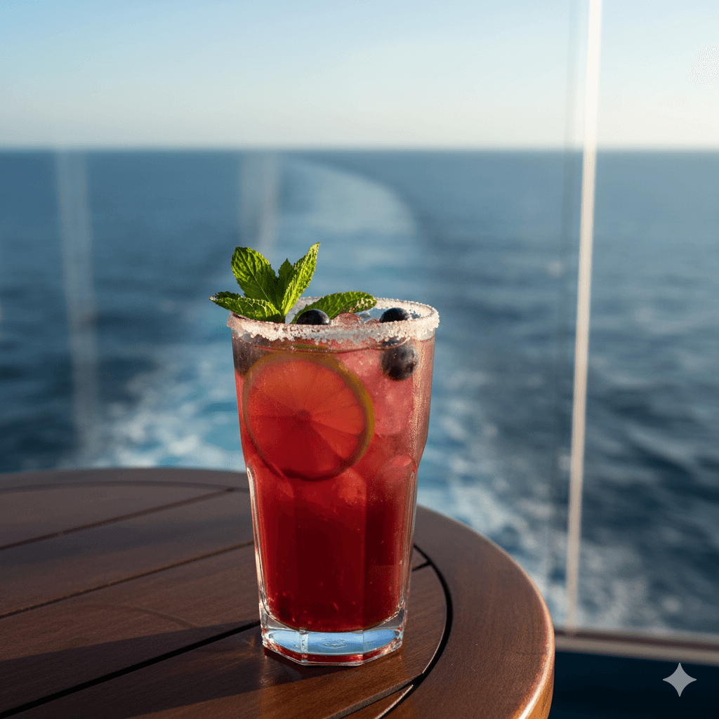 A refreshing cocktail on a cruise ship balcony overlooking the ocean