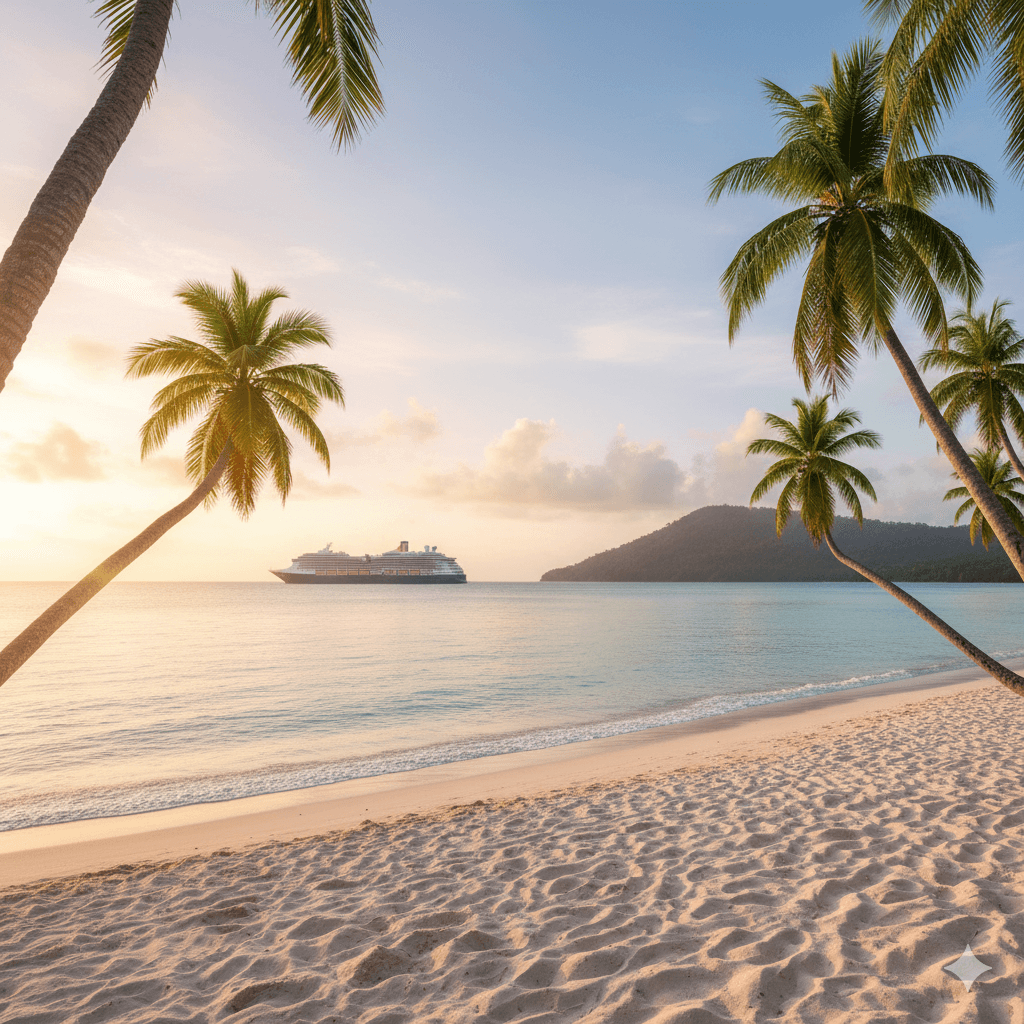 A beautiful tropical beach with a cruise ship in the distance