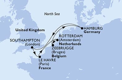 Southampton,Le Havre,Rotterdam,Zeebrugge,Hamburg,Southampton