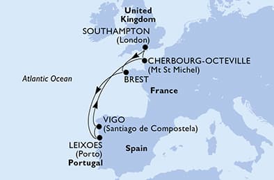 Southampton,Brest,Leixoes,Vigo,Cherbourg,Southampton